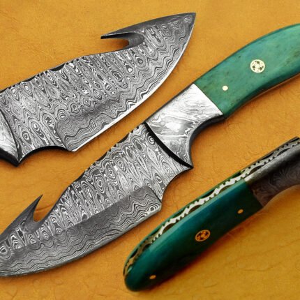 Damascus Hook Knife With Green Sheet Handle 9 Inch