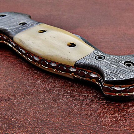 Damascus steel blade folding knife handle material camel Bone