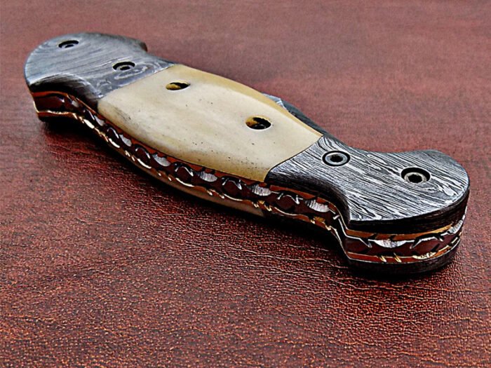 Damascus steel blade folding knife handle material camel Bone