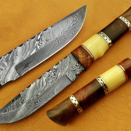 Damascus Steel Blade Hunting Knife Handle Camel Bone Walnut Wood Overall 9 Inch