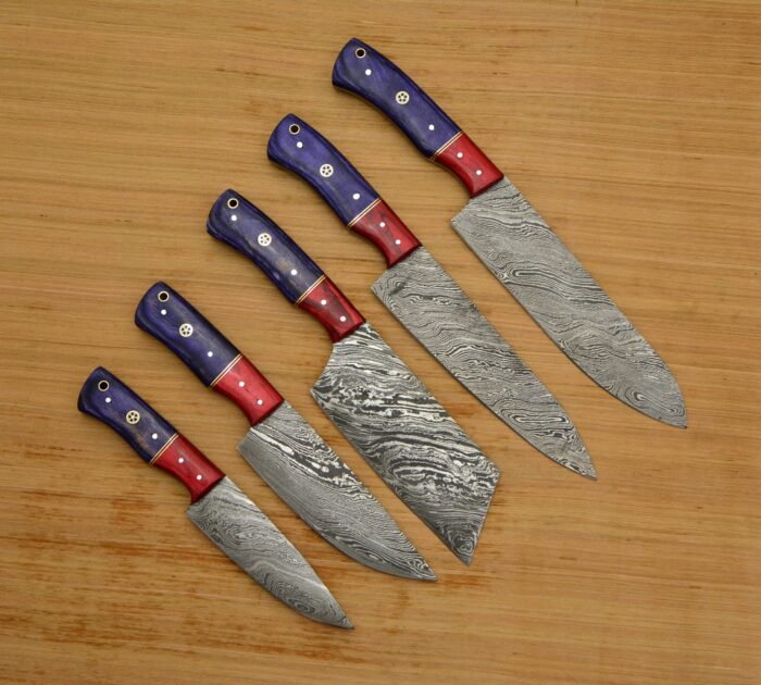 Custom Made Chef Knife Set In Damascus With Leather Roll