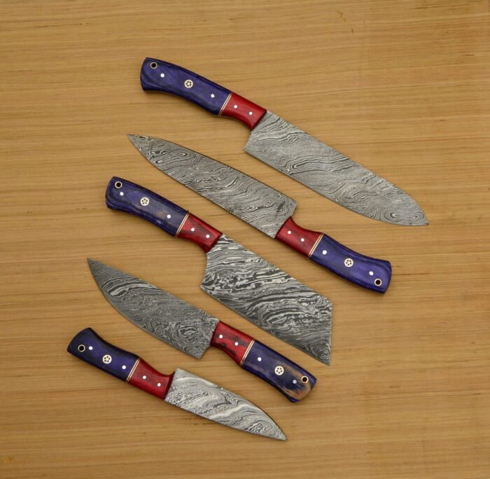 Custom Made Chef Knife Set In Damascus With Leather Roll