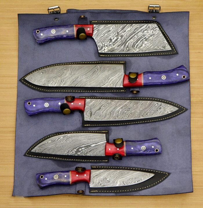 Custom Made Chef Knife Set In Damascus With Leather Roll