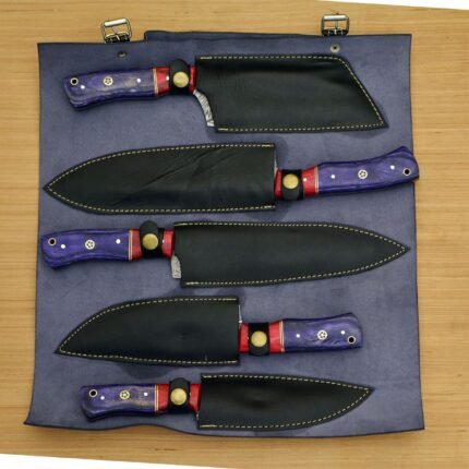 Custom Made Chef Knife Set In Damascus With Leather Roll