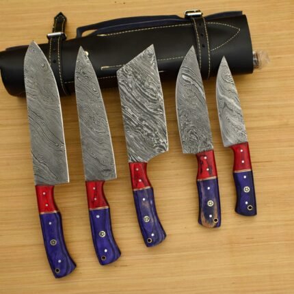 Custom Made Chef Knife Set In Damascus With Leather Roll