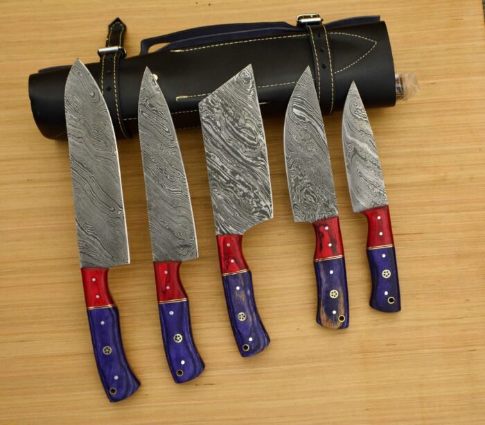 Custom Made Chef Knife Set In Damascus With Leather Roll