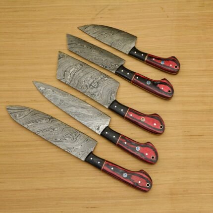 Custom Made Damascus Chef Knife Set With Leather Roll