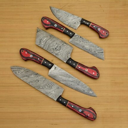 Custom Made Damascus Chef Knife Set With Leather Roll