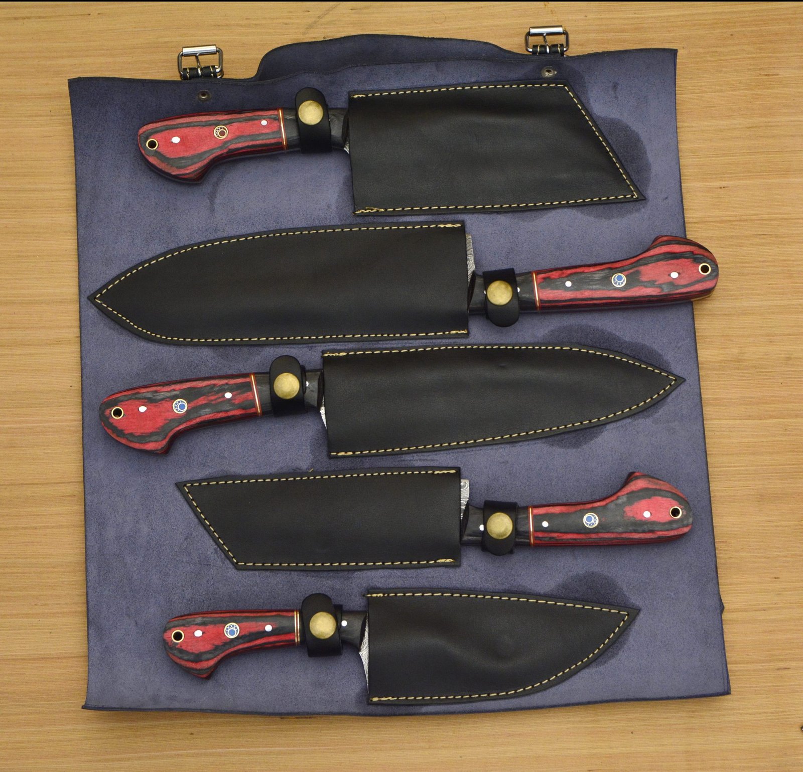 Custom Made Damascus Chef Knife Set With Leather Roll