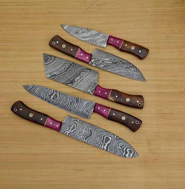 Damascus Hand Made chef knife set with Leather roll