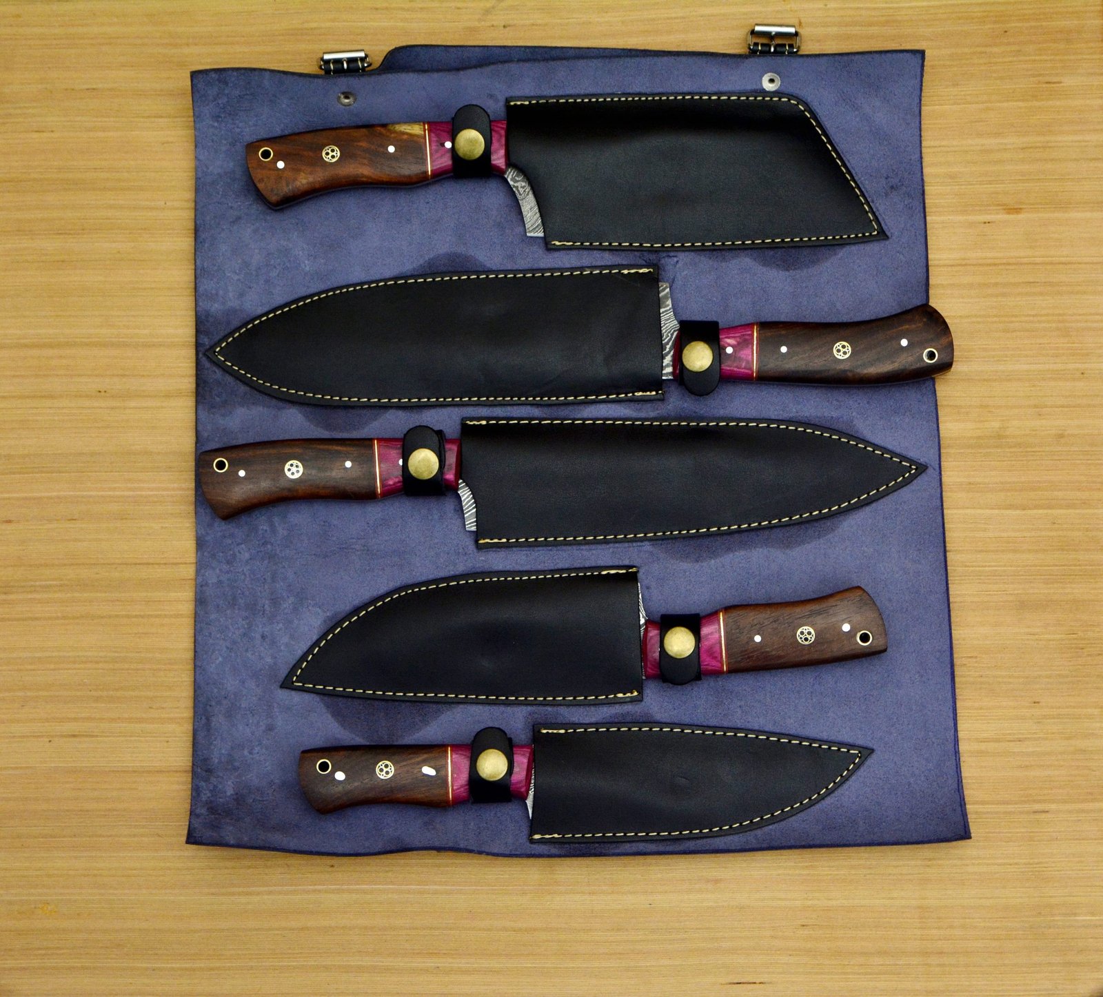 Damascus Hand Made chef knife set with Leather roll