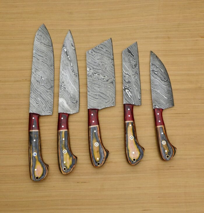 Damascus Custom made chef knife set with Leather roll