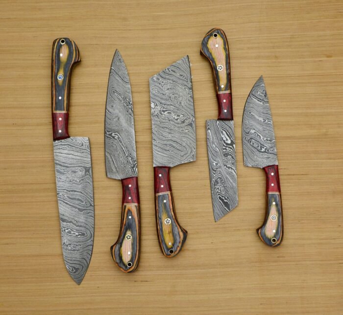 Damascus Custom made chef knife set with Leather roll