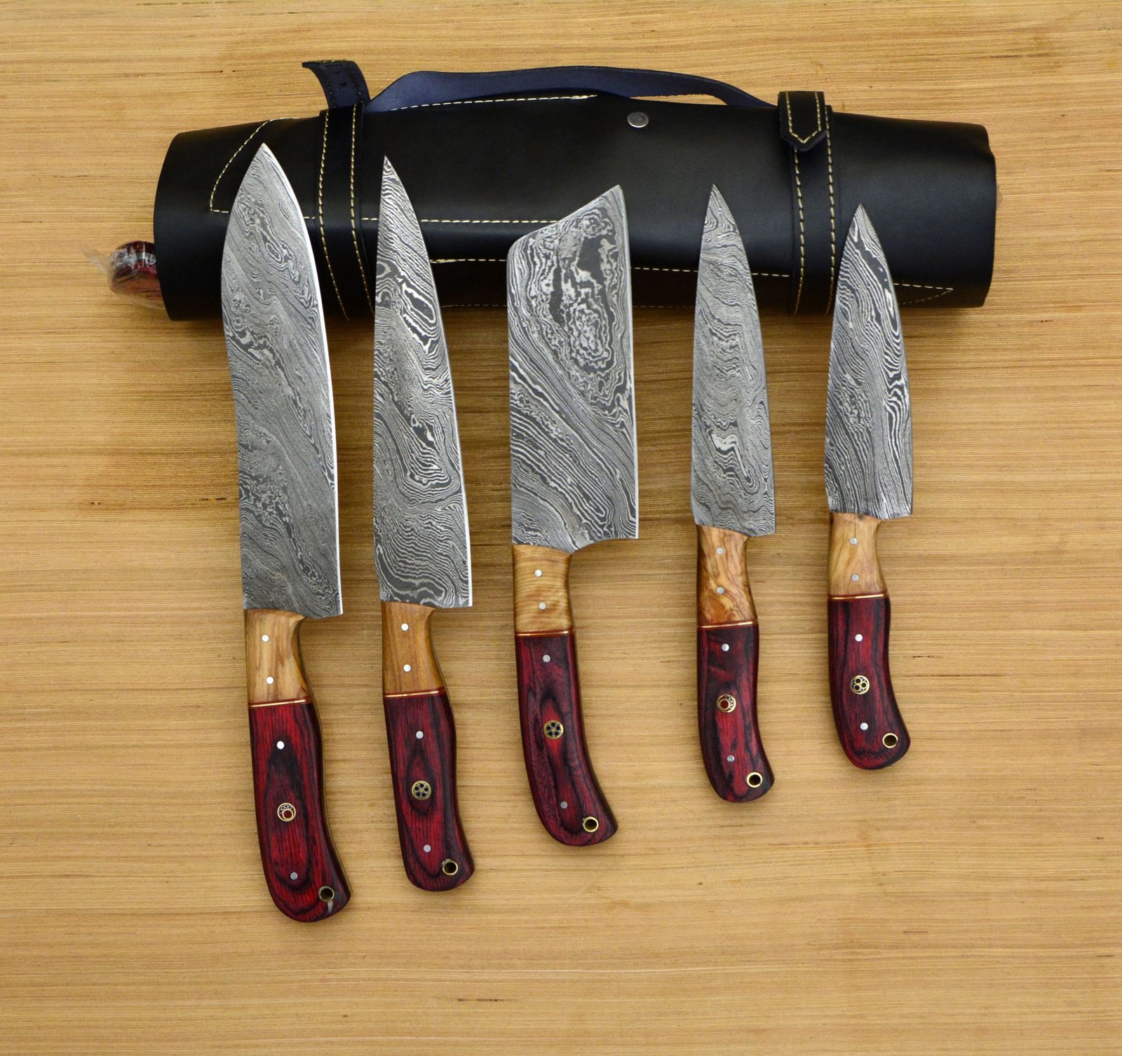 Set of Damascus chef knife set with Leather Roll