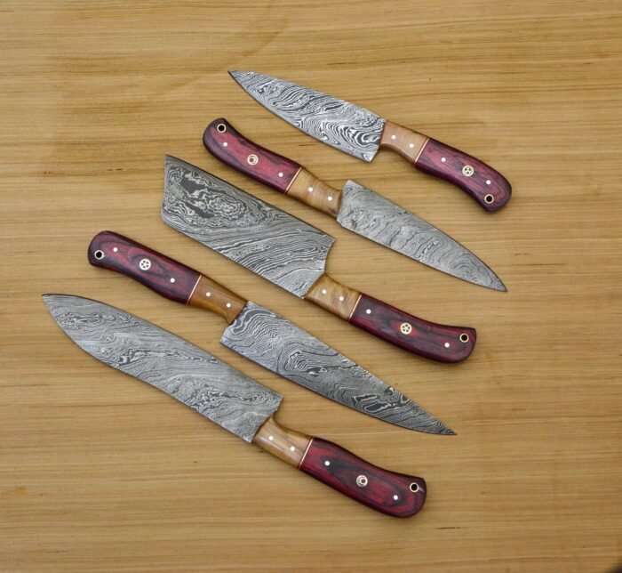 Set of Damascus chef knife set with Leather Roll