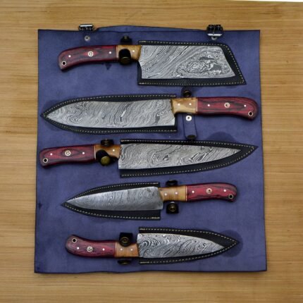 Set of Damascus chef knife set with Leather Roll