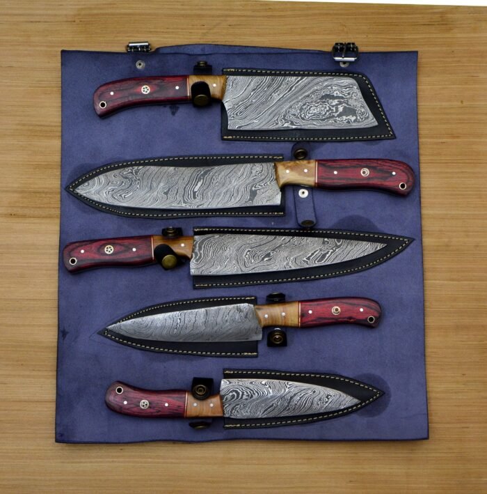 Set of Damascus chef knife set with Leather Roll