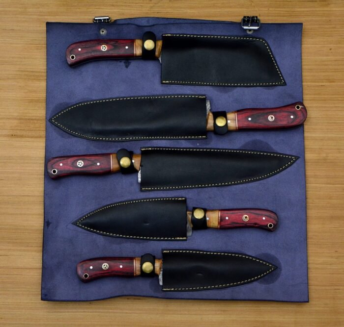 Set of Damascus chef knife set with Leather Roll