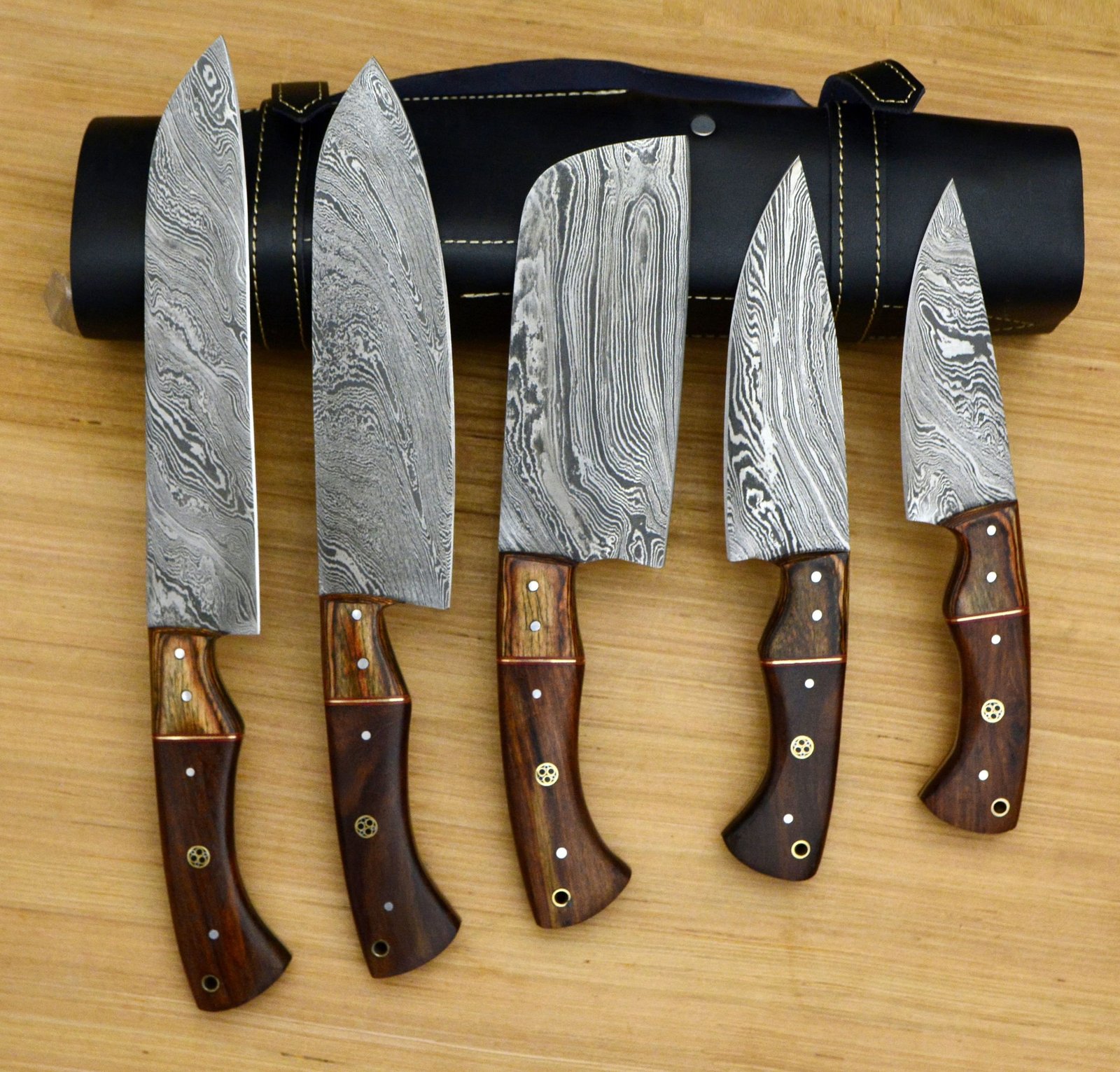 Custom Hand Made Damascus Chef Knife Set of 5
