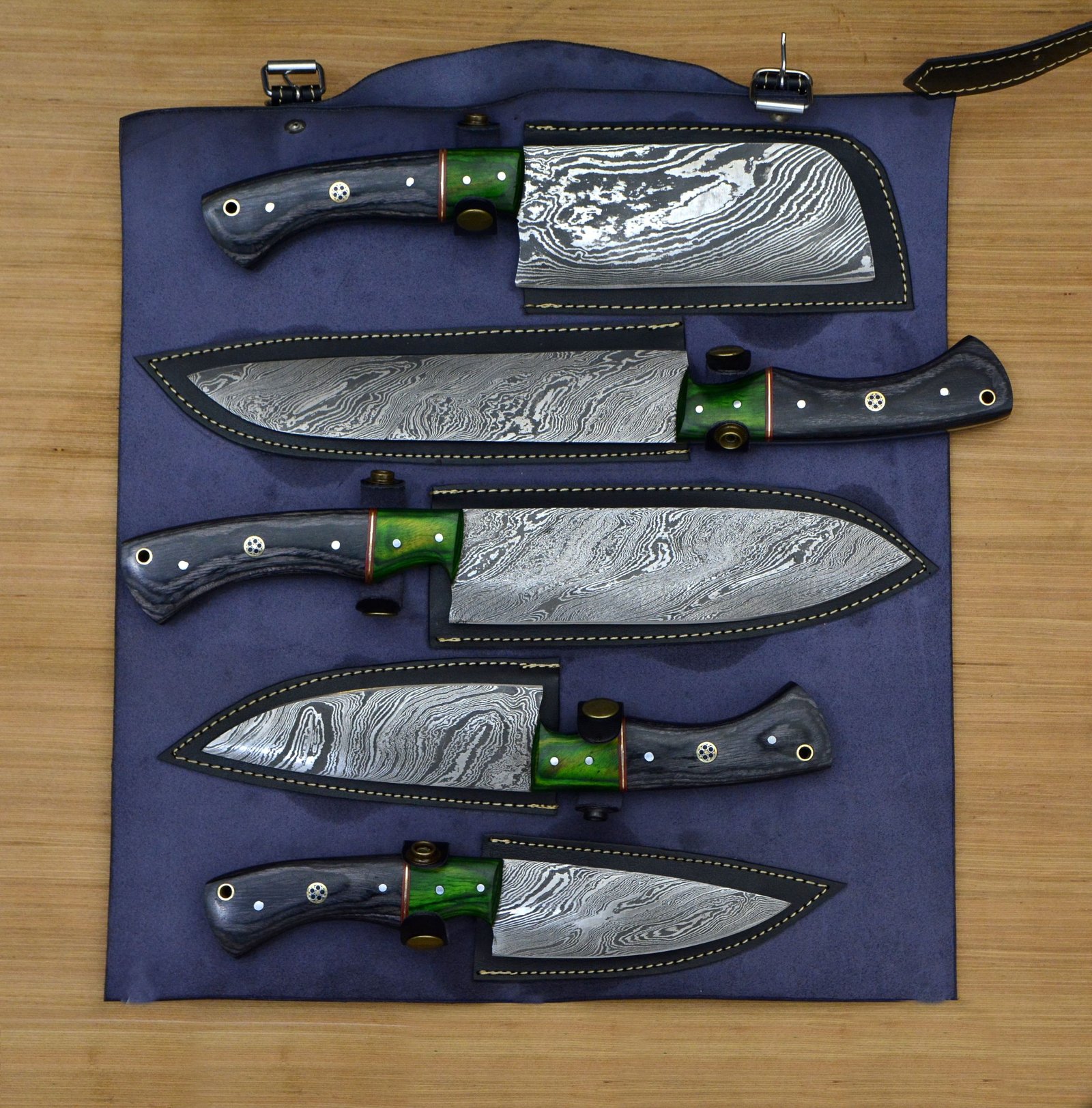 Damascus chef knife set with Leather roll
