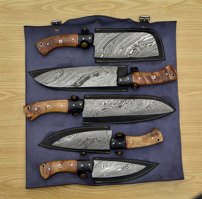 Custom Damascus chef knife set with Leather roll