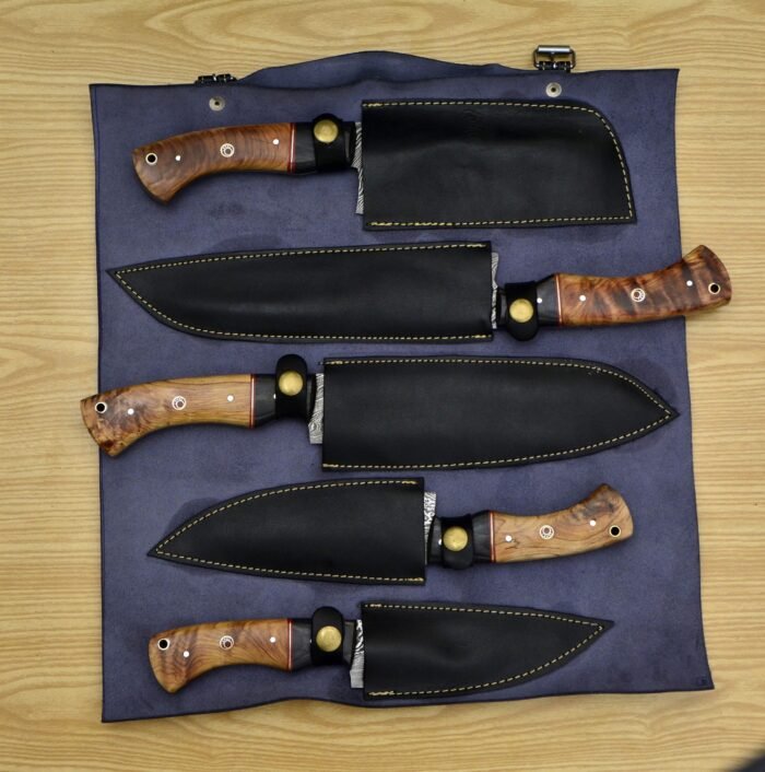 Custom Damascus chef knife set with Leather roll