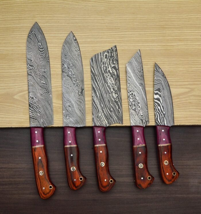 Set of 5 Damascus chef knife set Leather roll set