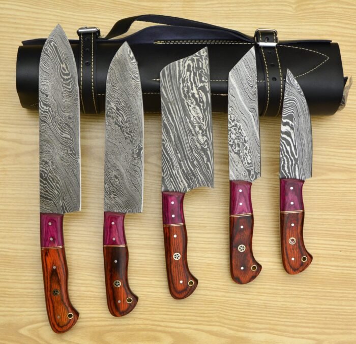 Set of 5 Damascus chef knife set Leather roll set