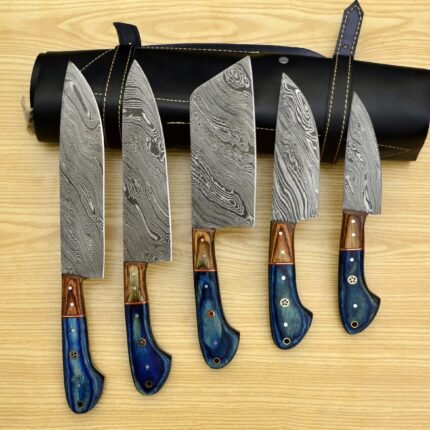 Handmade Damascus chef knife set with Leather roll