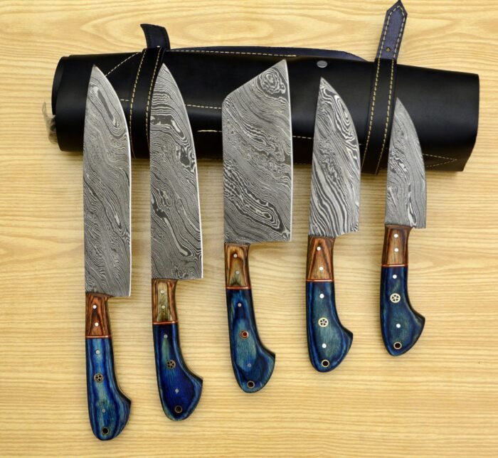 Handmade Damascus chef knife set with Leather roll