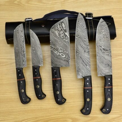 Damascus chef knife Set Hand Made with Leather roll