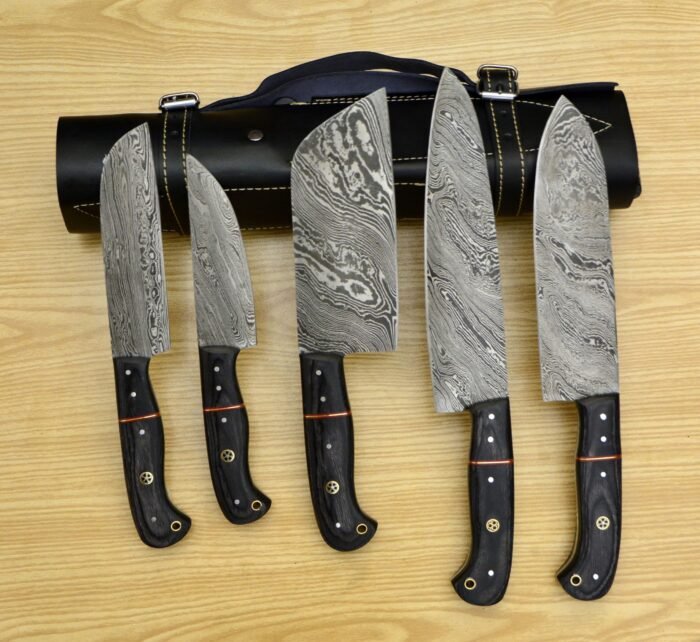 Damascus chef knife Set Hand Made with Leather roll