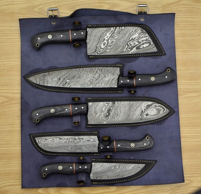 Damascus chef knife Set Hand Made with Leather roll