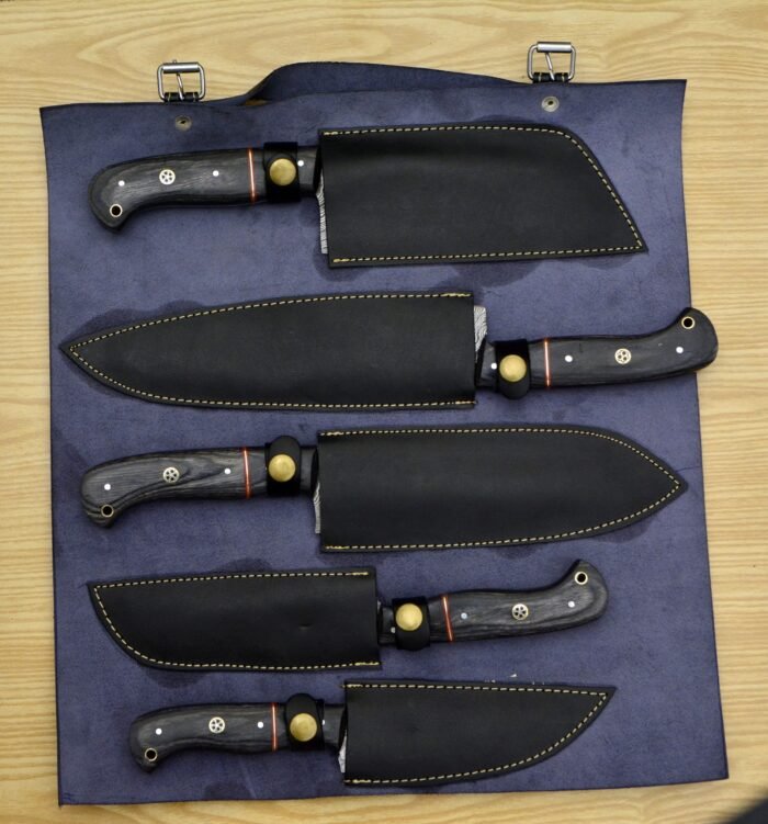 Damascus chef knife Set Hand Made with Leather roll