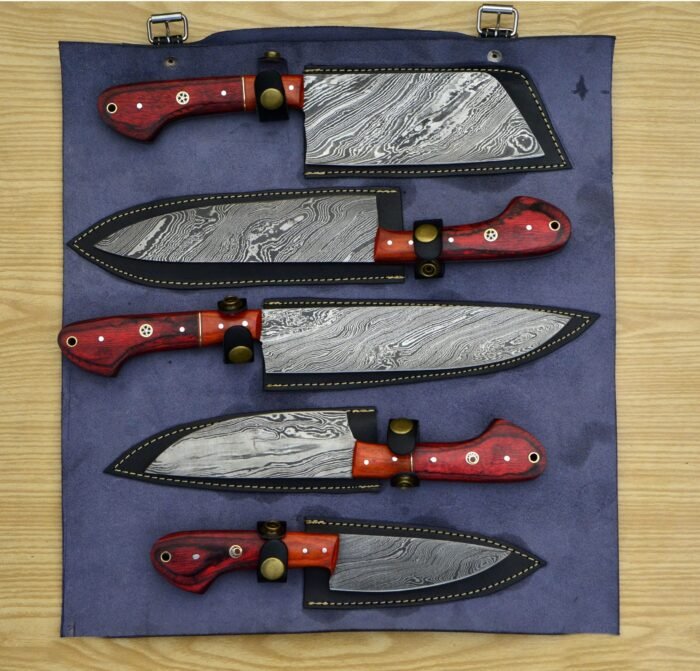 Damascus Steel Chef Knife Set With Leather Roll