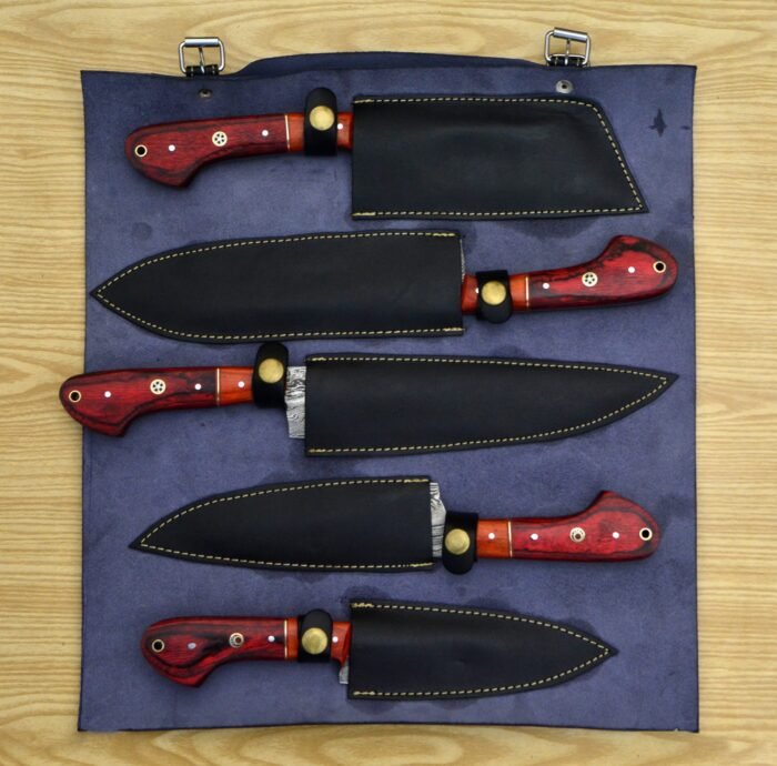 Damascus Steel Chef Knife Set With Leather Roll