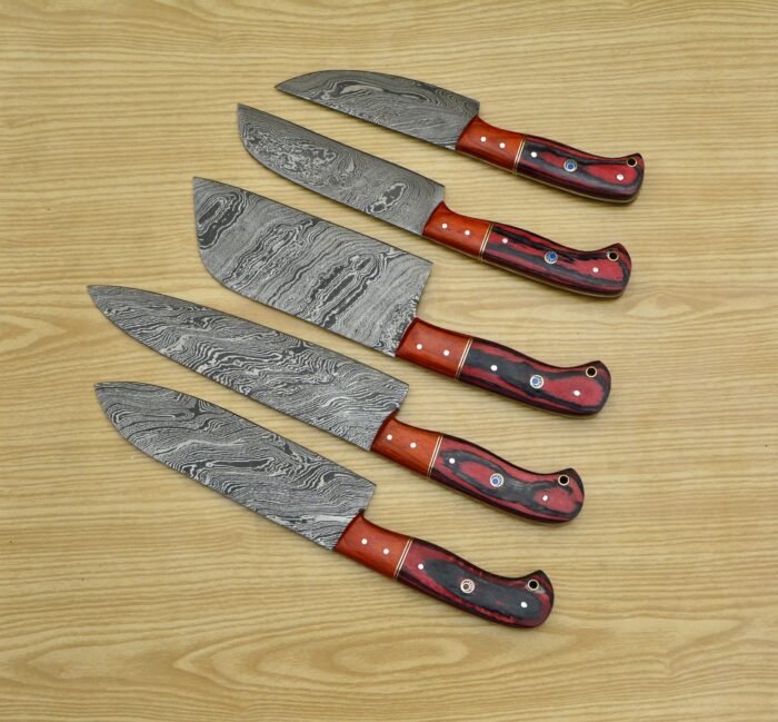 Custom Damascus chef knife set with Leather roll set