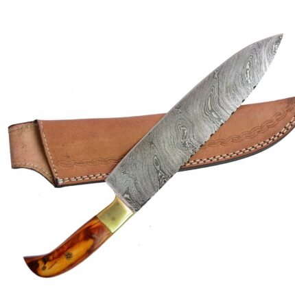 Handmade Outdoor Damascus Hunting Knife (with Genuine Leather Sheath)