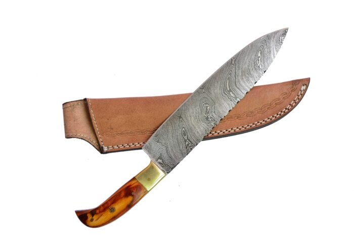 Handmade Outdoor Damascus Hunting Knife (with Genuine Leather Sheath)