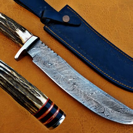 Damascus Steel Blade Bowie Knife Deer Antler Overall 14 Inch