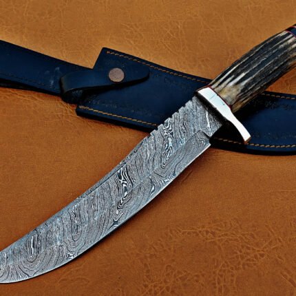 Damascus Steel Blade Bowie Knife Deer Antler Overall 14 Inch