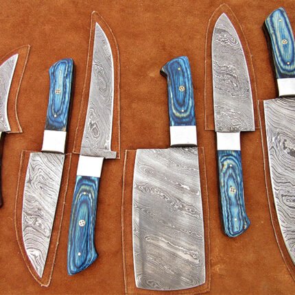 Damascus Steel Blade Chef Set Blue Micarta, Steel Bolster 6-12 Inch 