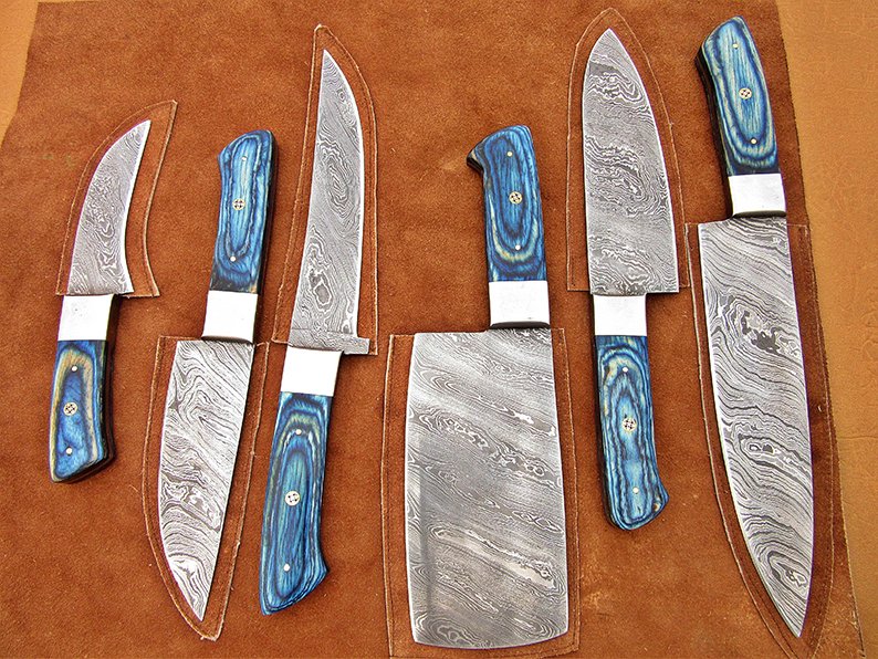 Damascus Steel Blade Chef Set Blue Micarta, Steel Bolster 6-12 Inch 
