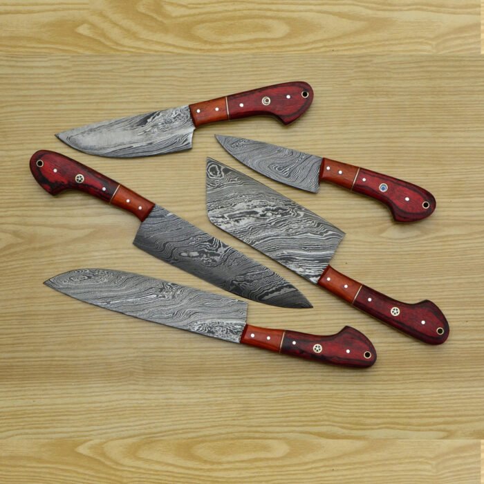 Damascus Steel Chef Knife Set With Leather Roll