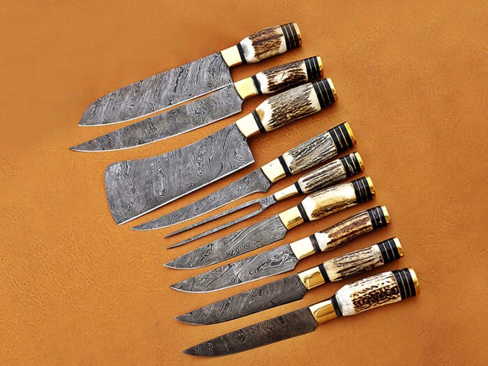 Damascus Steel Blade Chef Set Deer Antler Handle Steel Bolster 9-14 Inch