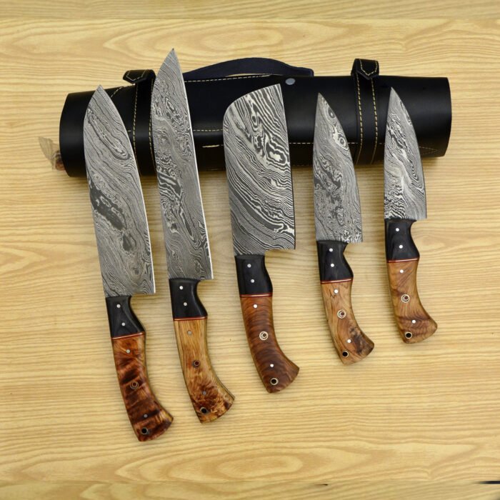 Custom Damascus chef knife set with Leather roll