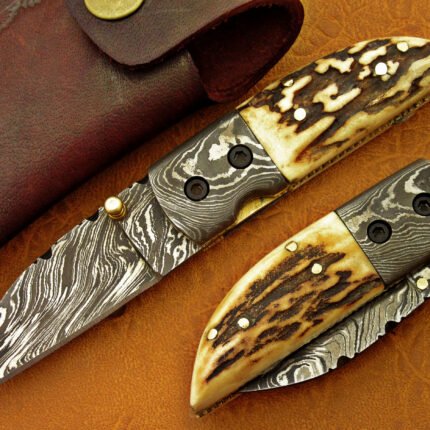 Damascus Folding Knife Deer Antler Handle