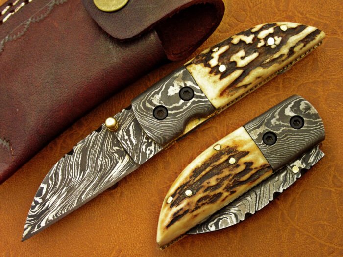 Damascus Folding Knife Deer Antler Handle