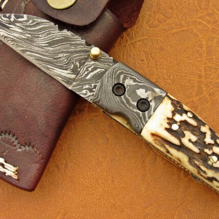 Damascus Folding Knife Deer Antler Handle