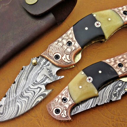 Damascus Knife Folding Camel Bone Handle